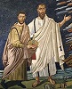 Ап. Павел и св. бессребреник Косма (?). Мозаика апсиды базилики Санти-Козма-э-Дамиано в Риме. V–VI вв.