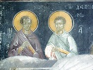 Св. бессребреники Косма и Дамиан Римские. Роспись ц. Успения Пресв. Богородицы мон-ря Грачаница (Косово и Метохия). Ок. 1320 г.