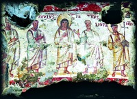 Архидиак. сщмч. Лаврентий (справа) в ряду святых, предстоящих Иисусу Христу. Роспись катакомб Сан-Сенаторе в г. Аль-бано-Лациале. Кон. V в.