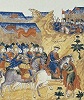 Прибытие перед Куликовской битвой к Московскому вел. кн. св. Димитрию посланцев с благословением на победу. Миниатюра из Жития прп. Сергия Радонежского. Кон. XVI в. (РГБ. Ф. 304/III. № 21/М. 8663. Л. 249)