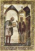 Кор. Этельстан подносит св. Кутберту кн. Жития святых (Cantabr. Corp. Crist. 183. Fol. 1v)