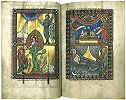 Прав. Гедеон и руно. Прор. Моисей перед Неопалимой Купиной. Рождество Христово. Миниатюра из Библии из Авербодэ. Ок. 1170 г. (Университетская б-ка, Льеж. Ms. 363. Fol. 16v — 17r)