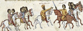 Лев VI подает кинжал имп. Василию I. Миниатюра из Хроники Иоанна Скилицы. XII в. (Matrit. gr. 26. Fol. 105)