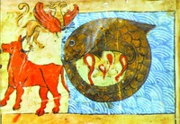 Левиафан в глубине вод. Миниатюра из Ктувим. XIII в. (Ambres. Ebraico. B. 32. inf. Fol. 136r)