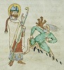 Папа Римский Лев IX изгоняет беса. Миниатюра из Пассионала из Вайсенау. XII в. (Bodm. 127. Fol. 191r)
