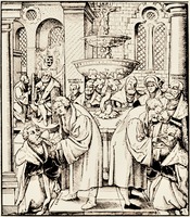 М. Лютер и Я. Гус причащают хлебом и вином. Гравюра. 3-я четверть XVI в. Мастер из Саксонии (Гос. музей Берлина)