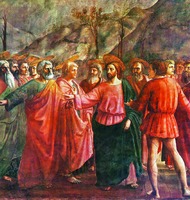 Фрагмент композиции «Чудо со статиром». Роспись капеллы Бранкаччи в ц. Санта-Мария-дель-Кармине. Между 1425 и 1428 гг.