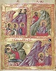 Соломония с сыновьями и их мученичество. Елеазар, его мученичество. Миниатюра из Минология. 1322 — ок. 1340 г. (Bodl. Gr. th. F. 1. Fol. 49v)
