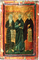 Кликните для увеличения картинки Преподобные Макарий Великий, Кириак и Макарий Александрийский. Икона. Сер. XIII в. (Мон-рь вмц. Екатерины на Синае)