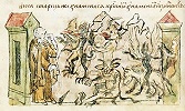 Видение прп. Матфея Прозорливого шествия бесов. Миниатюра из Радзивиловской летописи. Кон. XV в. (БАН. 34.5.30. Л. 110 об.)