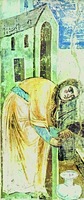 Мария Магдалина умащает стопы Иисуса Христа. Роспись ц. Сант-Анджело-ин-Формис близ Капуи. Кон. XI в.