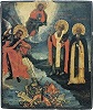 Арх. Михаил, побивающий трясовиц, сщмч. Сисиний, прп. Марон и благословляющий Господь Вседержитель. Икона. Посл. четв. XVIII в. Иконописец Яков Крюков (частное собрание, Германия)