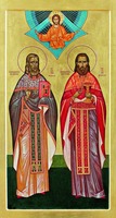 Кликните для увеличения картинки Священномученики Михаил Денисов (справа) и Игнатий Якимов. Икона. 2014 г. (ц. свт. Николая Чудотворца в с. Коса Косинского р-на Пермского края)
