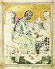 Евангелист Марк и ап. Петр. Миниатюра из Моквского Четвероевангелия (НЦРГ. Q 902. Л. 105 об.)