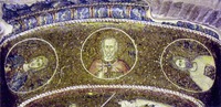 Мученики Мина (в центре), Ермоген и Евграф. Мозаика кафоликона мон-ря Хора (Кахрие-джами) в К-поле. 1316–1321 гг.