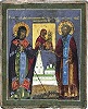 Свт. Митрофан Воронежский и прп. Макарий Унженский с Макариевской иконой Божией Матери и видом мон-ря. Икона. 3-я четв. XIX в. (частное собрание)