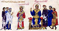 Императоры Михаил III и Василий I Македонянин. Миниатюра из Хроники Иоанна Скилицы. XII в. (Matrit. gr. 2. Fol. 80v)