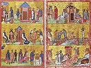 История исповедничества и мученичества святых Мины, Ермогена и Евграфа. Миниатюры из Минология. XII в. (Ath. Esph. 14. Fol. 294v — 294r)