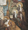 Свт. Моисей, архиеп. Новгородский (крайний справа), среди Новгородских святителей, припадающих к Спасу Вседержителю. Роспись в нише вост. сеней Владычной палаты Новгородского кремля. XVII в., поновлена в XIX в.