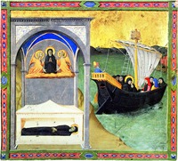 Похороны св. Моники. Блж. Августин отплывает из Африки. 1430 г. Мастер Оссерванца (Музей Фицуильяма, Кембридж)