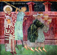 Свт. Николай избавляет трех мужей от казни. Роспись ц. в честь Вознесения Господня в с. Лужаны. 1456 г.