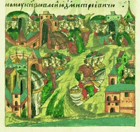 Хан Тохтамыш отдает кн. Василию Дмитриевичу Нижегородское княжество. Миниатюра из Лицевого летописного свода. 70-е гг. XVI в. (БАН. 31.7.30–2. Л. 435 об.)