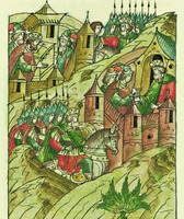 Блгв. кн. Мстислав Мстиславич после осады в Торческе целует крест кн. Всеволоду Чермному. Миниатюра из Лицевого летописного свода. 70-е гг. XVI в. (РНБ. F.IV.233. Л. 665)