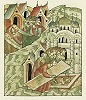 Кончина и погребение блгв. кн. Мстислава Ростиславича в притворе собора Св. Софии Новгородской. Миниатюра из Лицевого летописного свода. 70-е гг. XVI в. (РНБ. F.IV.233. Л. 381 об.)