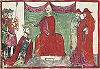 Папа Римский Николай II дарует Роберу Гвискару титул герцога Апулии и Калабрии. Миниатюра из «Новой Хроники» Дж. Виллани. XVI в. (Vat. Chig. L.VIII. 296) 