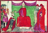 Папа Римский Николай II дарует Роберу Гвискару титул герцога Апулии и Калабрии. Миниатюра из «Новой Хроники» Дж. Виллани. XVI в. (Vat. Chig. L.VIII. 296)