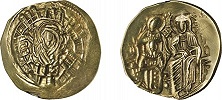 Пресв. Богородица. Христос на престоле с Михаилом VIII Палеологом. Иперпир. Аверс. Реверс. 1258–1282 гг. (Дамбартон-окс, Вашингтон)