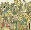 Ап. Петр перед имп. Нероном. Казнь ап. Петра. Миниатюра из Лицевого летописного свода. 70-е гг. XVI в. (БАН. П I Б. № 76. Л. 939)