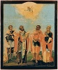 Свт. Николай Чудотворец, с избранными святыми. Икона. 1734 г. Иконописец Д. Я. Молчанов (частное собрание)
