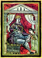 Имп. Оттон III получает молитвенник от монаха. Миниатюра из Молитвенника Оттона III. 884–891 гг. (Monac. Clm 30111. Fol. 43r).