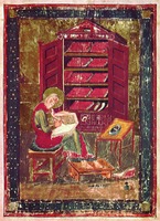 Свящ. Ездра в образе монаха-переписчика. Миниатюра из Амиатинского кодекса. VIII в. (Laurent. Amiatinus. 1. Fol. 5)