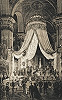 Катафалк с гробом имп. Александра II под балдахином в Петропавловском соборе. Литография. 1881 г.