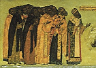 Свт. Пимен Новгородский (2-й справа) среди духовенства. Фрагмент клейма «Моление царя Иоанна IV Грозного со свитой и духовенством» Тихвинской иконы Божией Матери. 60-е гг. XVI в. (ЦМиАР)