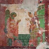 Кликните для увеличения картинки Беседа прп. Пафнутия с дочерью прп. Ефросинией. Роспись Спасо-Преображенского собора Евфросиниева Спасо-Евфимиева мон-ря в Полоцке. Ок. 1161 г. Фото: В. Д. Сарабьянов