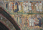 Встреча Св. Семейства с Афродитианом у града Сотина. Волхвы и книжники перед Иродом. Мозаика триумфальной арки. 432–440 гг. Фото: И. А. Орецкая