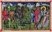 Авраам с семьей выходит из Харрана. Миниатюра из Октатевха. XI в. (Vat. gr. 474. Fol. 34v)