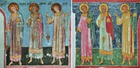 Архидиаконы Стефан, Лаврентий и Мина. Роспись диаконника Успенского собора Кириллова Белозерского мон-ря. 1641 г., под поздней масляной записью. Вид до и после реставрации. Фото: Д. А. Скобцова