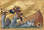 Мученичество Ромила Римского, Евдоксии и др. мучеников. Миниатюра из Минология имп. Василия II. 1-я четв. XI в. (Vat. gr. 1613. P. 18)