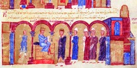 Сергий II, патриарх Константинопольский перед имп. Василием II Болгаробойцем. Миниатюра из Хроники Иоанна Скилицы. XII в. (Matrit. gr. 2. Fol. 184)