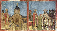 Католикос-патриарх (Николай IX (?)) перед Светицховели. Царь Мириан и духовенство — крестители грузин. Роспись вост. стены Животворящего Столпа. 1687–1688 гг. Ма-стер Г. Гулджаварашвили. Фото: Н. Н. Крашенинникова