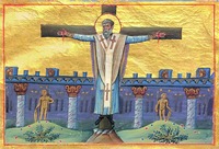 Распятие ап. Симеона. Миниатюра из Минология имп. Василия II. 1-я четв. XI в. (Vat. gr. 1613. P. 46)