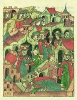 Мученическая кончина кн. блгв. Симеона Мстиславича и его супруги кнг. мц. Иулиании. Миниатюра из Лицевого летописного свода. 70-е гг. XVI в. (БАН. 31.7.30-2. Л. 699)