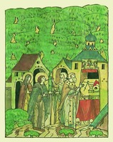 Постриг Варфоломея «в чернеческий чин». Миниатюра из Лицевого Летописного свода. 70-е гг. XVI в. (БАН. 31.7.30-2. Л. 391 об.)