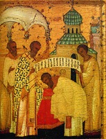 Рукоположение прп. Сергия Радонежского во священника. Клеймо иконы из Успенского собора Дмитрова «Прп. Сергий Радонежский, с житием». Ок. 1510 г. Мастер Феодосий (?) (ЦМиАР)