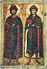 Святые Борис и Глеб. Икона из Вознесенской ц. Саввина Вишерского мон-ря. XIII в. (Киевская картинная галерея, Украина)