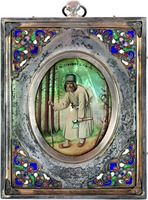 Прп. Серафим Саровский на пути в пустыньку. Эмалевая икона. Нач. ХХ в. Мастерская А. Г. Кривовичева (частное собра-ние)